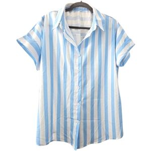 Womens Tropical Blue and White Striped Shirt Rolled Short Sleeve Size XL NEW
